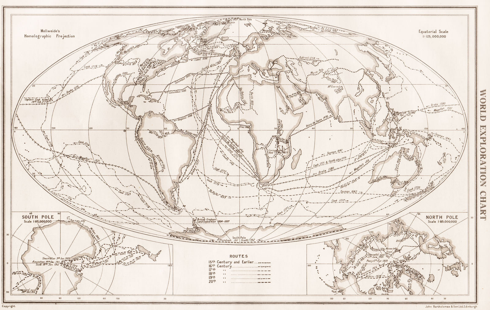 WORLD EXPLORATION. Explorers routes dates centuries. BARTHOLOMEW 1952 old map